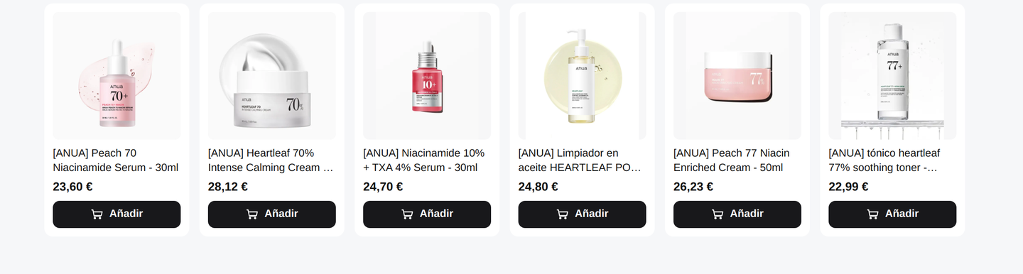 Carrusel filtrado a una sola marca: seis productos de la marca ANUA.